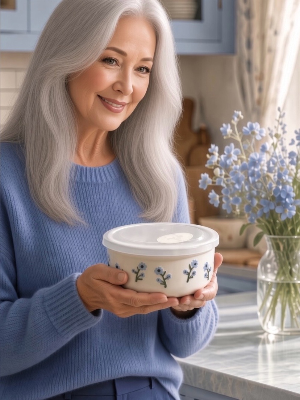Ceramic Bowl with Venting Lid - Blue & Navy Floral Motif Textured Flower Design